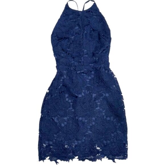 NWT Lauren Nicole What a Doll Dress Navy crochet Floral Lace Halter Mini Dress S - Picture 3 of 12